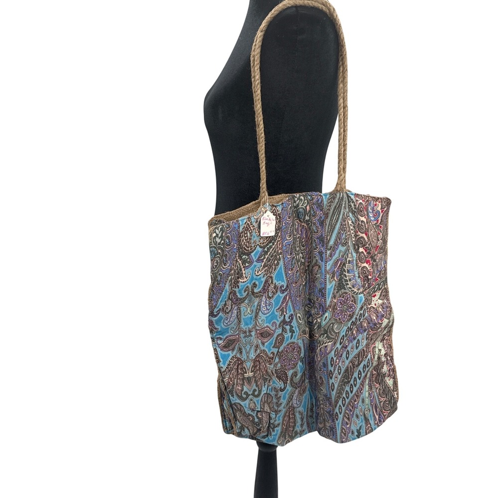 Karma Highway Blue Paisley Burlap Tote Bag Large Boho Rope Handle Shoulder Bag